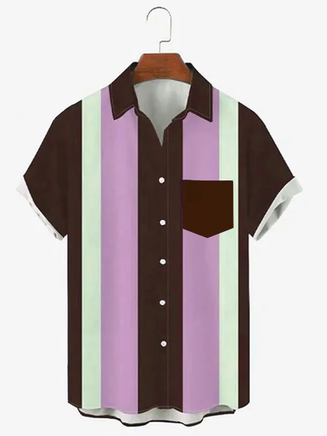 Mens Shirt Casual Button Up Short Sleeve Purple Printed Comfortable-Blend Basic Striped Shirts & Tops