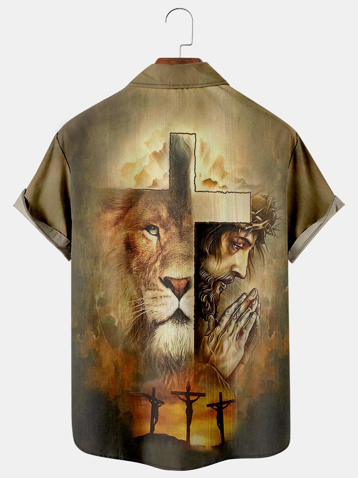 Mens Easter Cross Lion Print Casual Short Sleeve Shirt