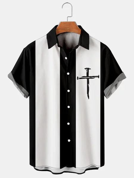 Royaura®Easter Cross Contrast Bowling Print Men's Button Pocket Short Sleeve Shirt
