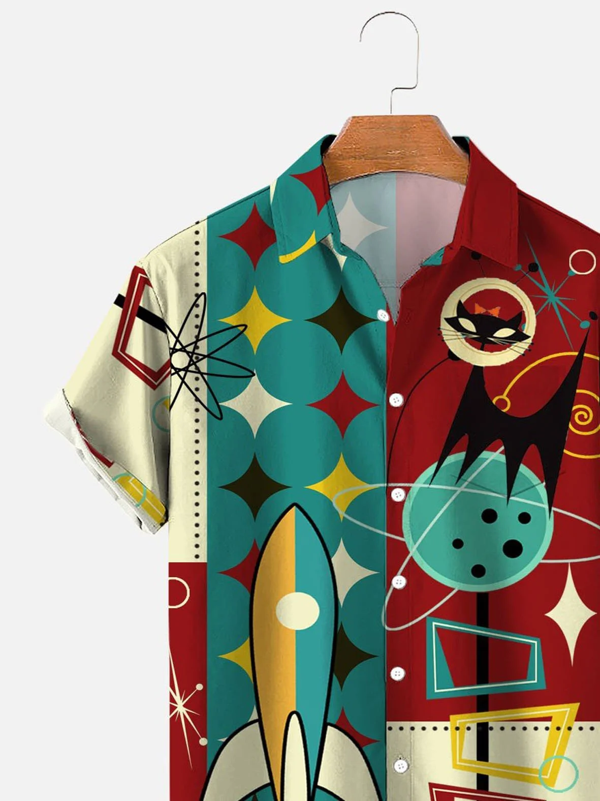 Men's Retro Casual Shirts Seersucker Fabric Plus Size Rocket Cat Print Short Sleeve Art Shirts