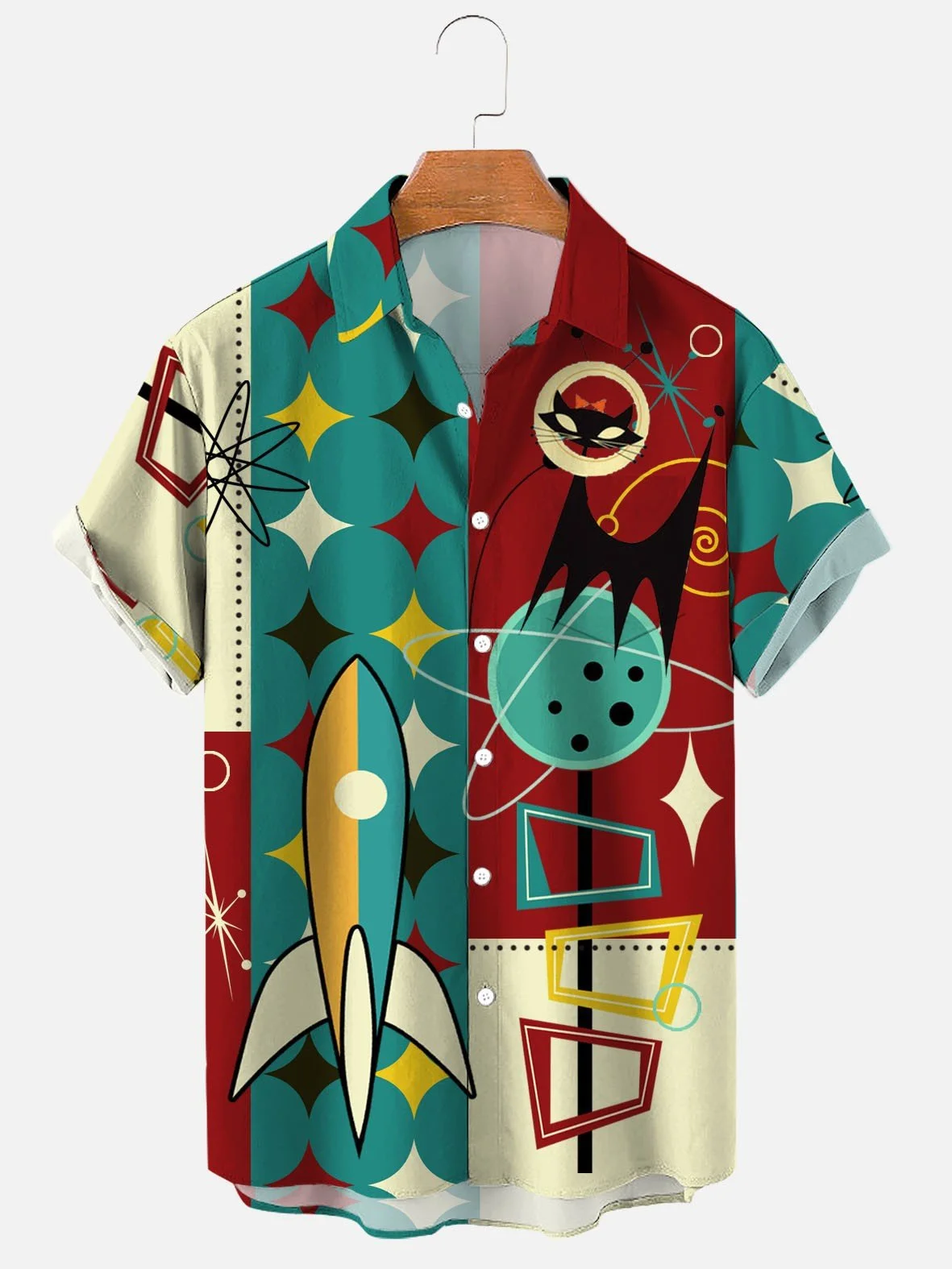 Men's Retro Casual Shirts Seersucker Fabric Plus Size Rocket Cat Print Short Sleeve Art Shirts