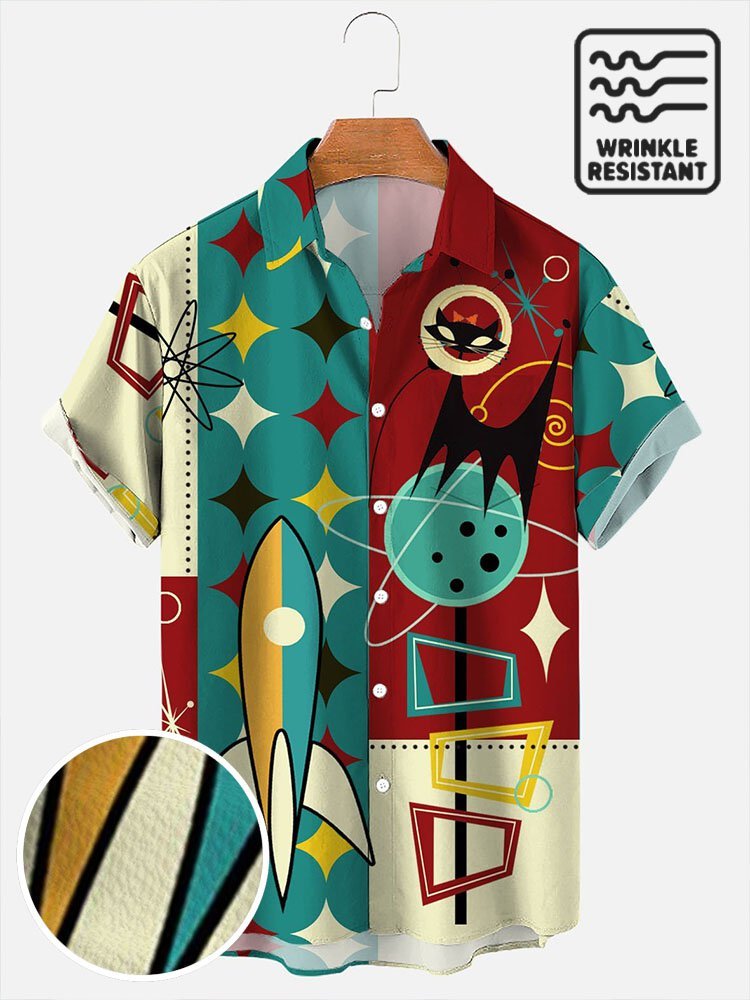 Men's Retro Casual Shirts Seersucker Fabric Plus Size Rocket Cat Print Short Sleeve Art Shirts