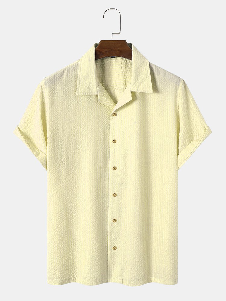 Men Women Plain Seersucker Wrinkle Free Casual Shirts Multicolor Basic Tops