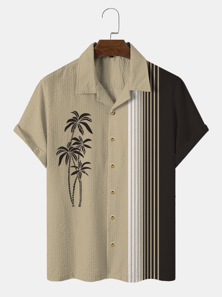 Men's Vintage Bowling Shirts Palm Tree Wrinkle Free Seersucker Plus Size Tops
