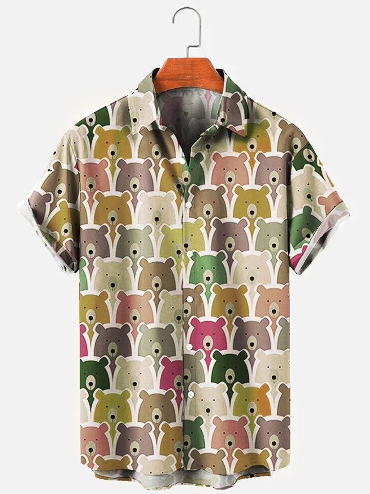 Men's Vintage Casual Bear Shirts Art Wrinkle Free Seersucker Plus Size Tops