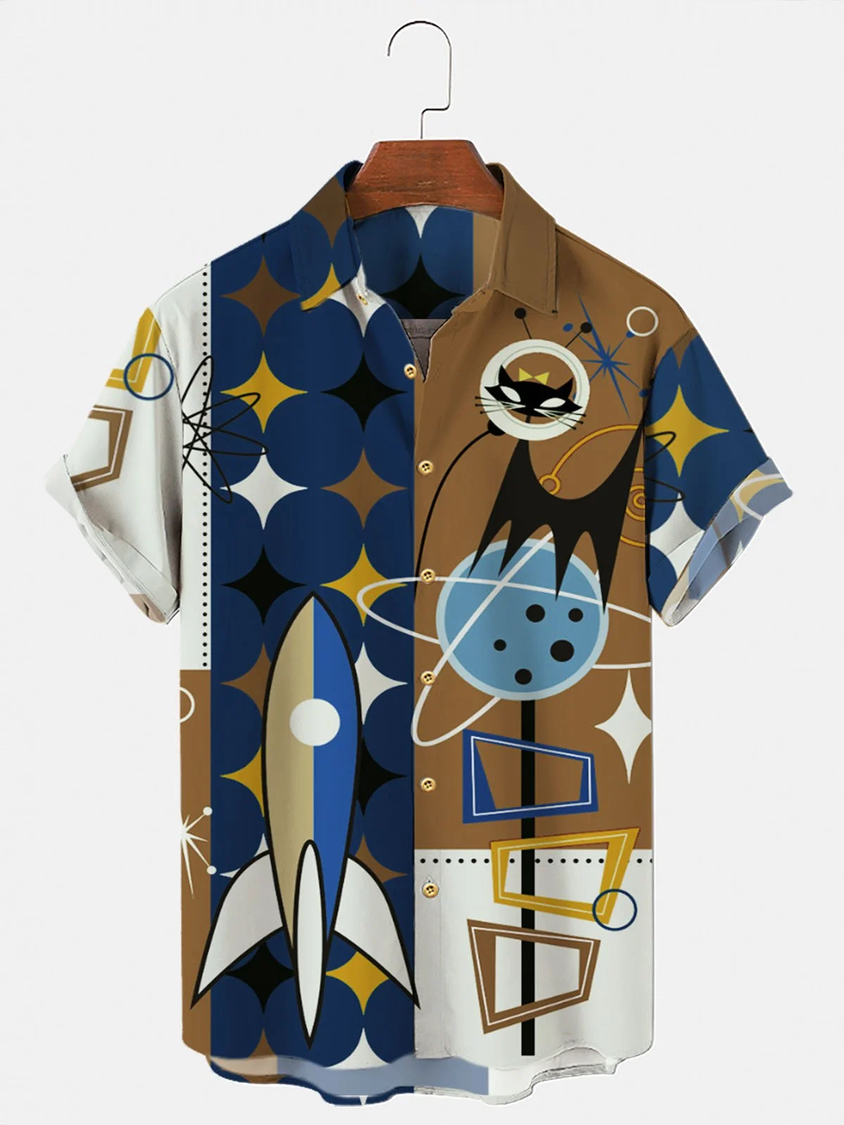 Men's Retro Casual Shirts Seersucker Fabric Plus Size Rocket Cat Print Short Sleeve Art Shirts