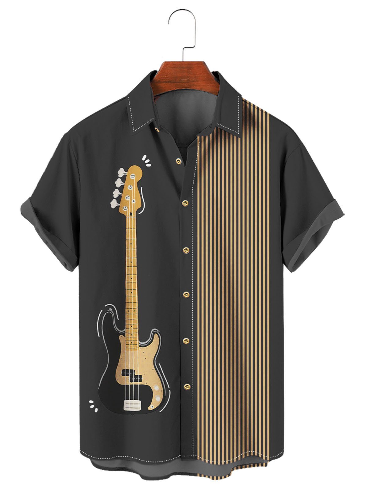 Royaura Men's Vintage Guitar Instrument Print Contrast Stripe Music Hawaiian Shirt