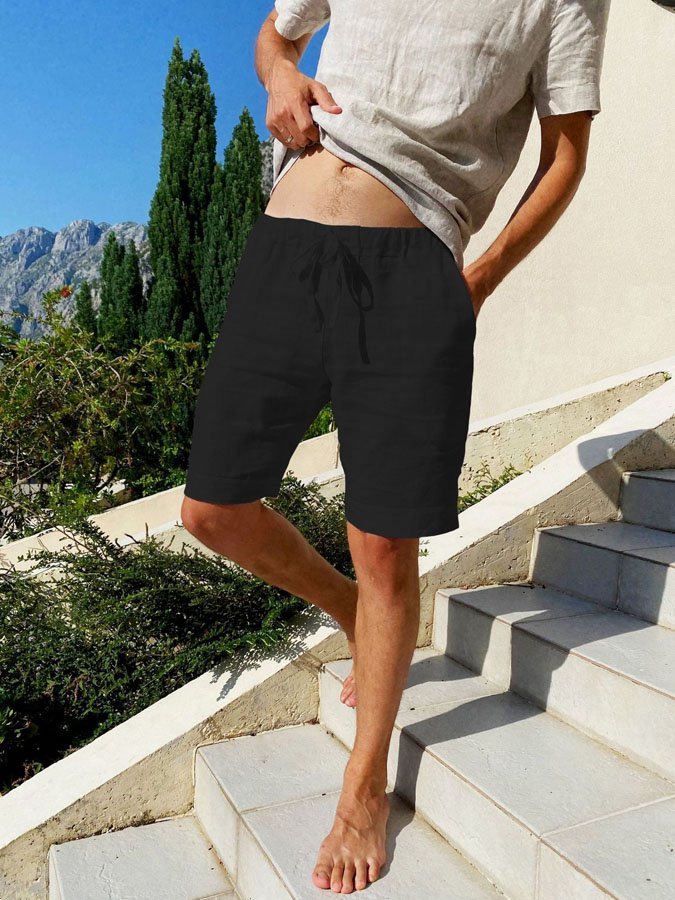 Men's Solid Color Lace Up Natural Fiber Casual Shorts
