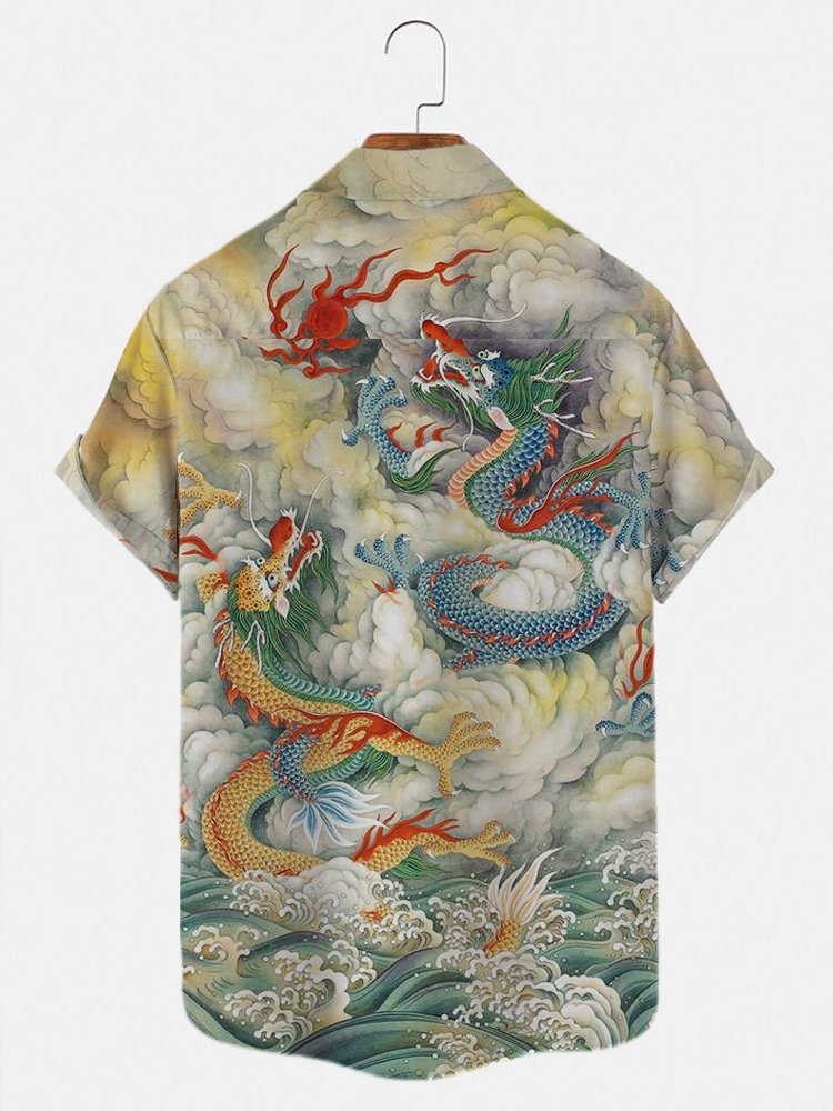 Men's Retro Casual Summer Hawaiian Shirts Chinese Dragon Ukiyo-e Art Anti-Wrinkle Tops