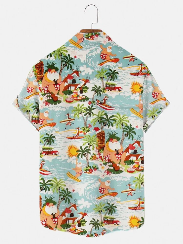 Men's Santa and Reindeer Surf Tropical Island Print Short Sleeve Hawaiian Shirt