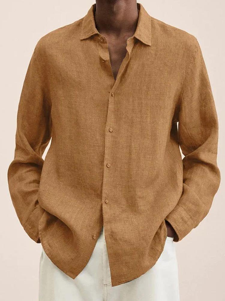 Royaura Men's Casual Basic Solid Color Long Sleeve Cotton Linen Shirts & Tops