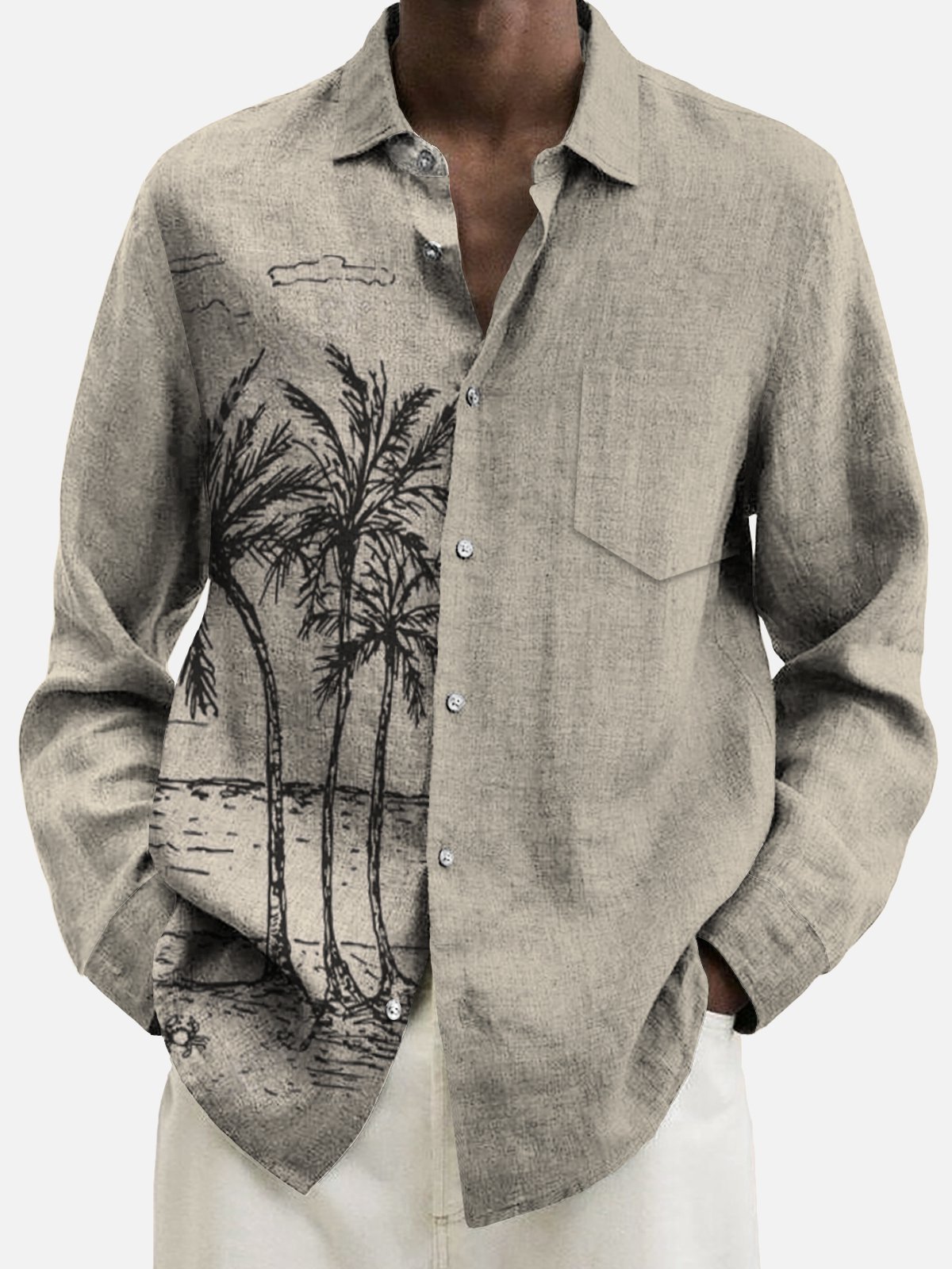 Natural Fiber Holiday Casual Long Sleeve Shirts Palm Tree Car Beach Plus Size Breathable Tops