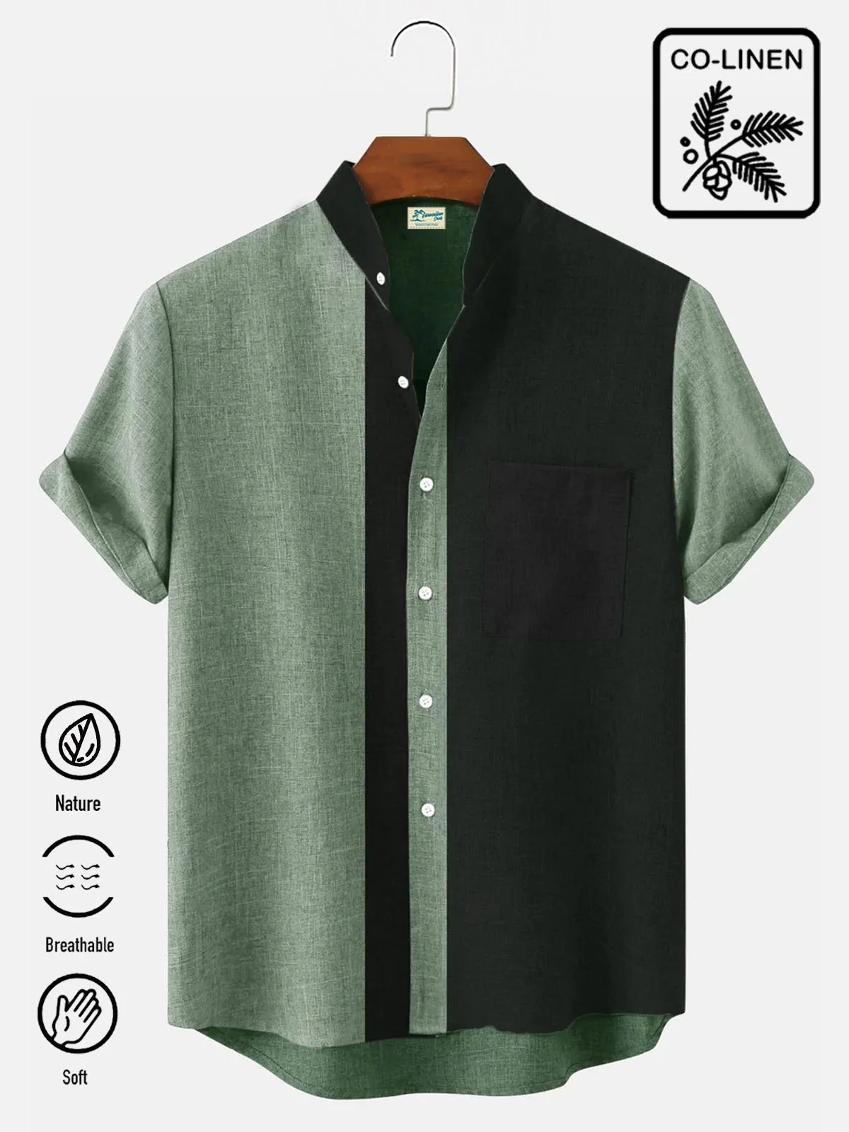 Men's Contrast Striped Stand Collar Natural Fiber Basic Short Sleeve Shirt