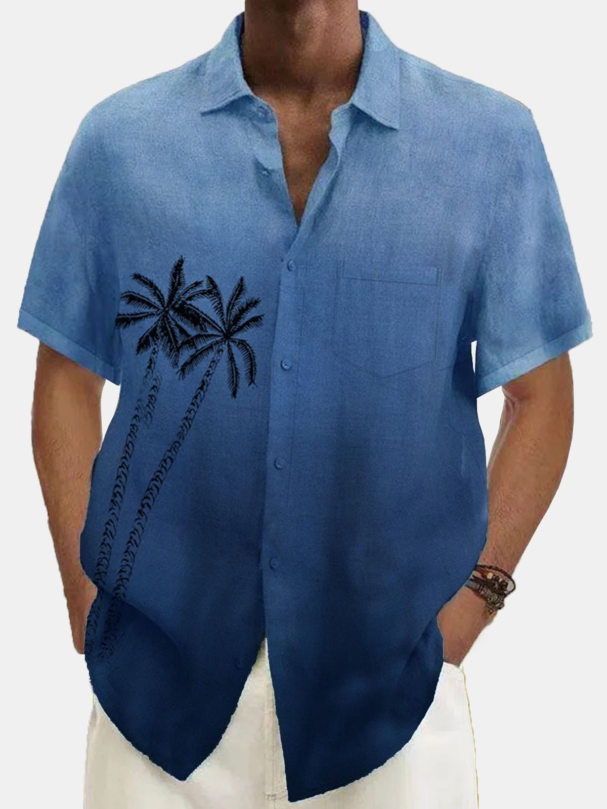 Men's Gradient Coconut Print Natural Fiber Short Sleeve Shirt