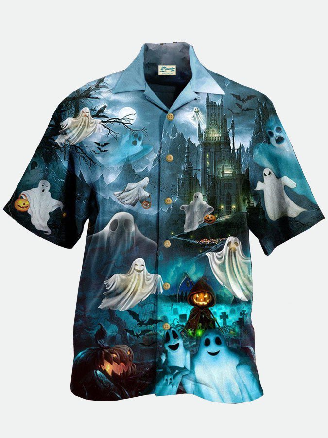 Men's Halloween Say Boo And Scary Printed Short Sleeve Hawaiian Shirt
