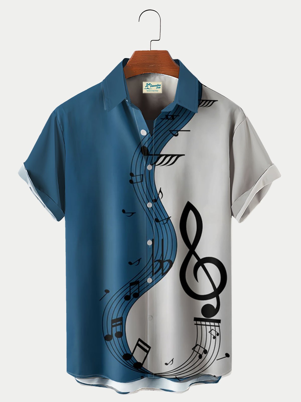 Men's Note Music Contrast Print Short Sleeve Bowling Shirt