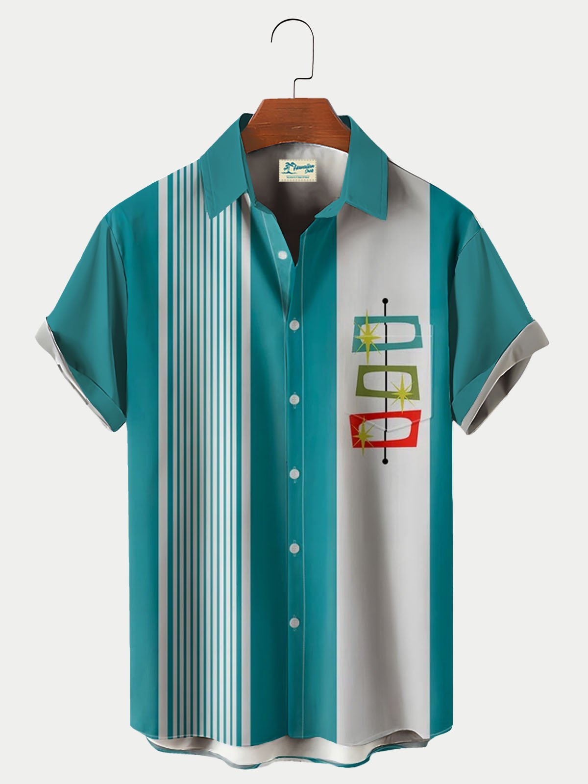 Men's Geometric Stripe Contrast Print Seersucker Wrinkle Free Short Sleeve Bowling Shirt