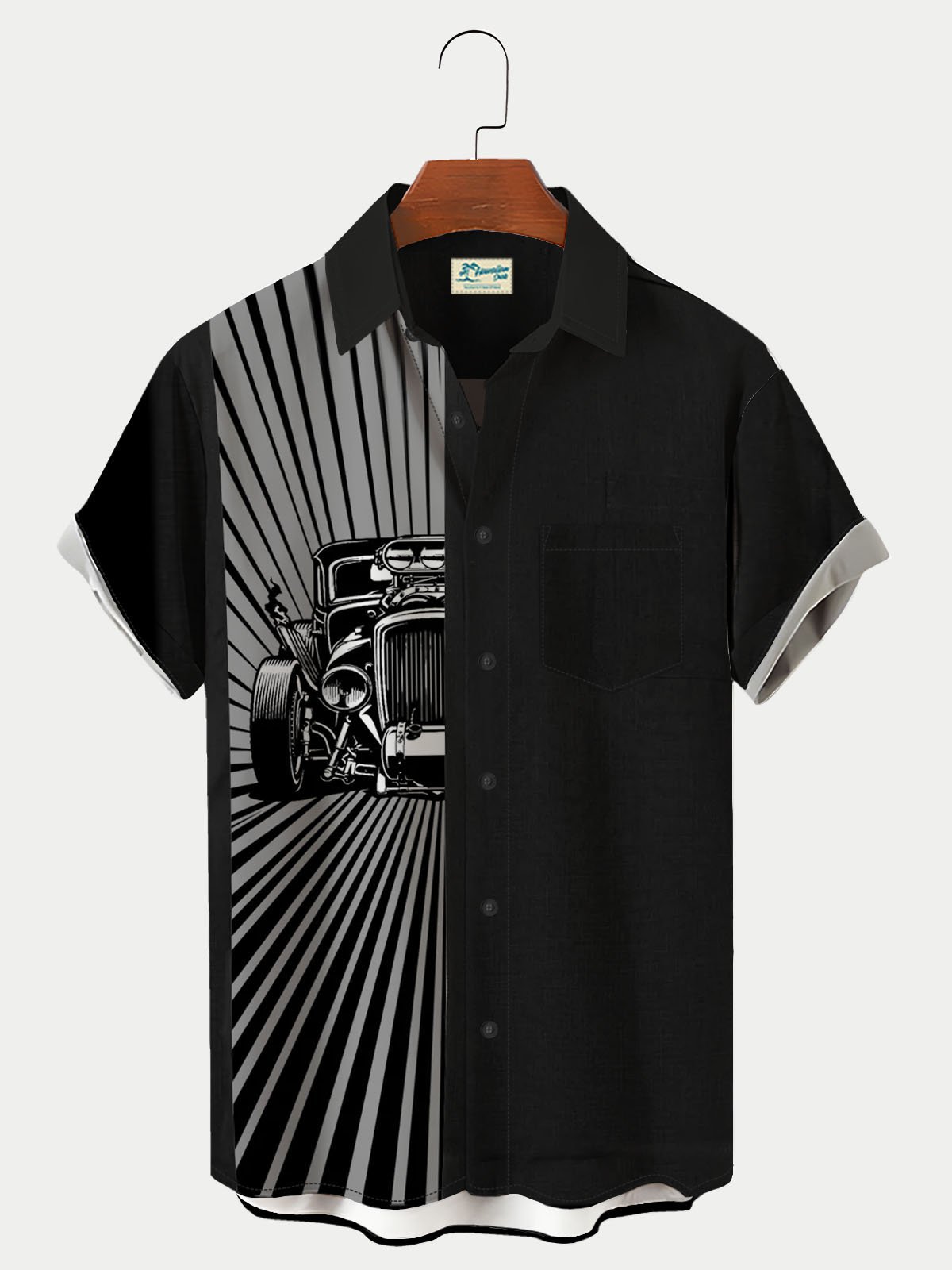 Men's 50's Vintage Car Print Short Sleeve Bowling Shirt