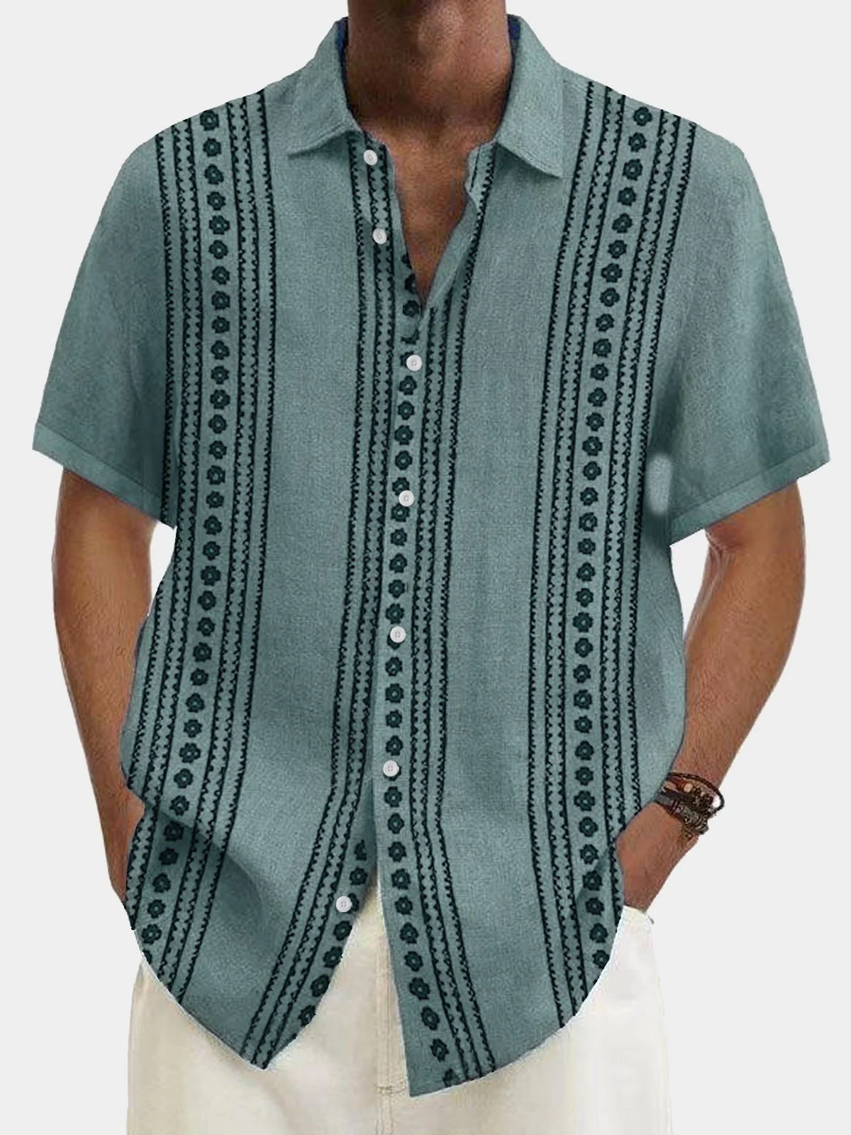 Men's Irregular Stripe Printed Casual Simple Natural Fiber Short Sleeve Shirt