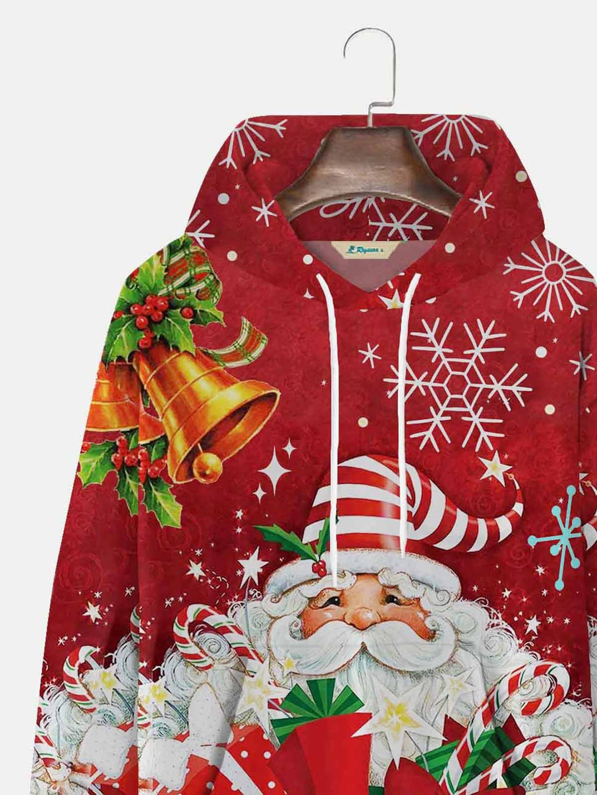 Royaura Men's Christmas Hoodies Santa Gift Candy Cane Bells Red Plus Size Sweatshirts