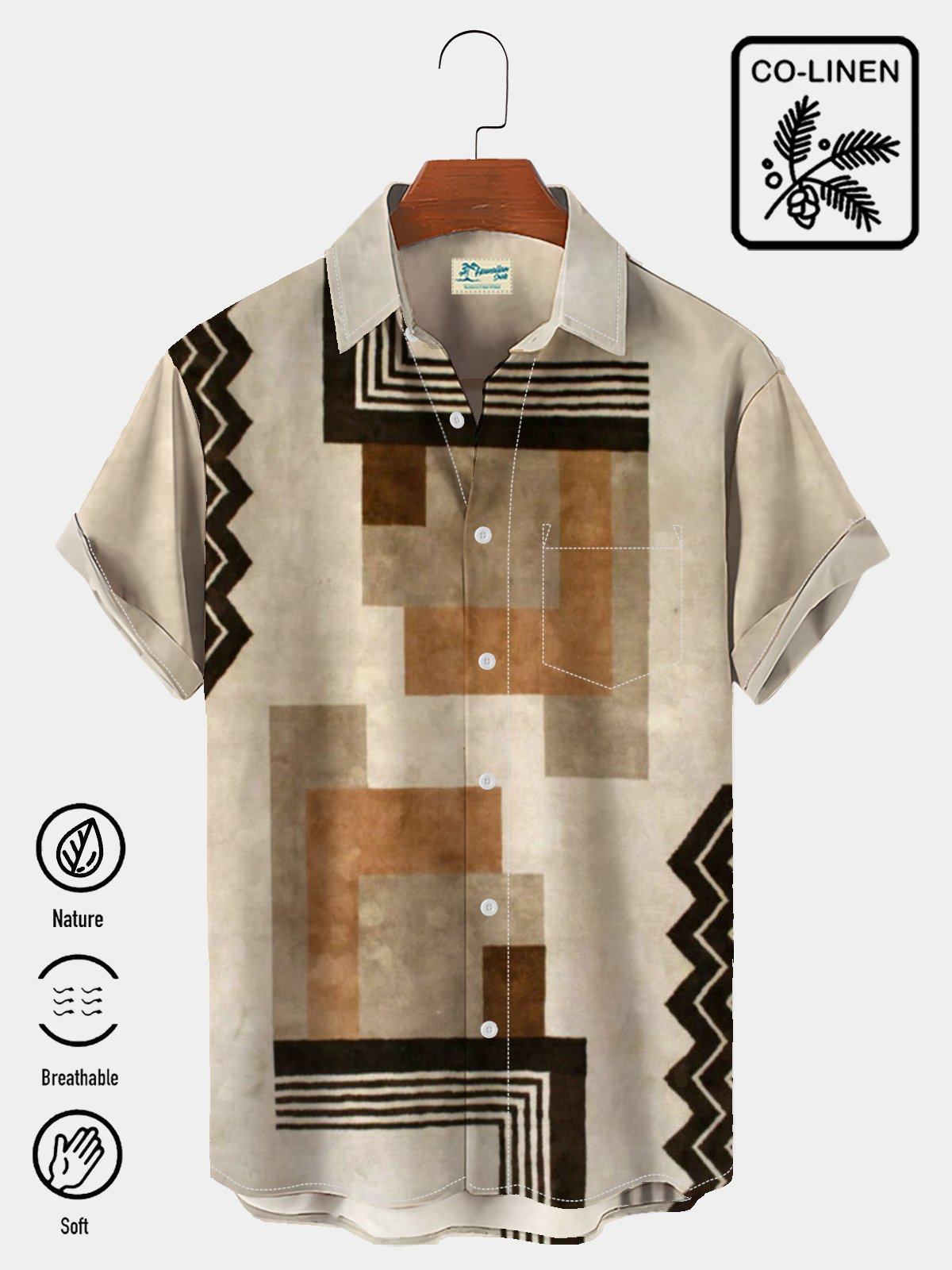 Royaura Natural Fiber Men's Holiday Geometric Hawaiian Button Short Sleeve Shirt
