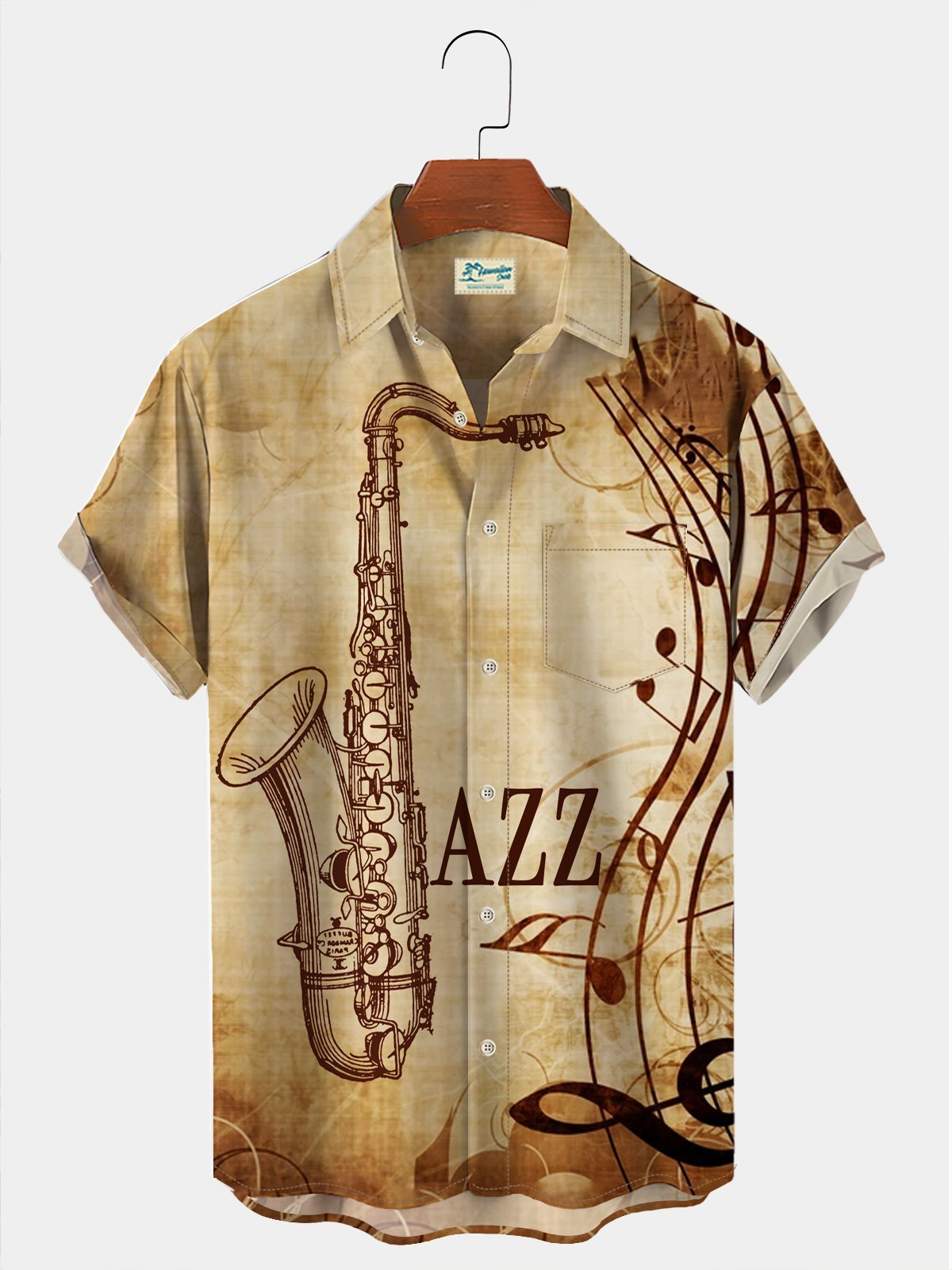 Royaura Men's Vintage Hawaiian Shirts Jazz Sax Note Art Seersucker Wrinkle Free Aloha Shirts