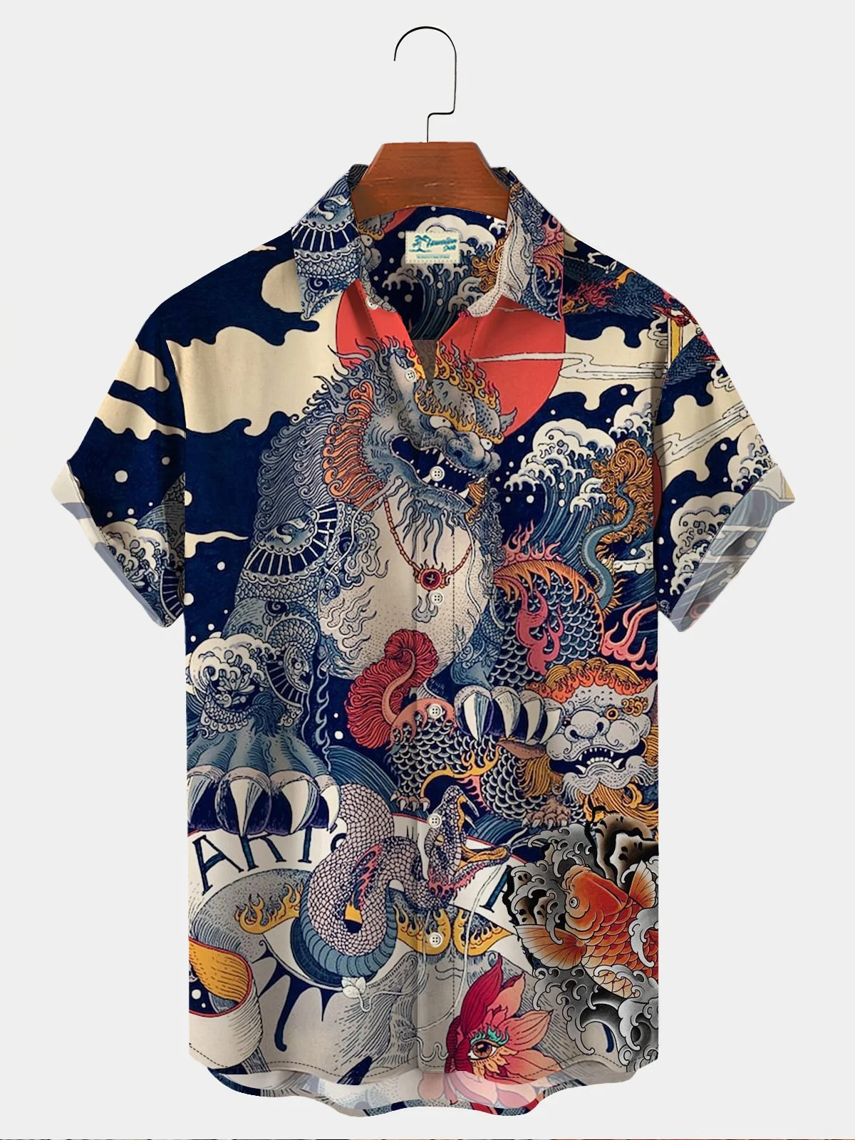 Royaura Men's Vintage Casual Shirts Ukiyo-e Art Wrinkle Free Seersucker Oversized Hawaiian Shirts