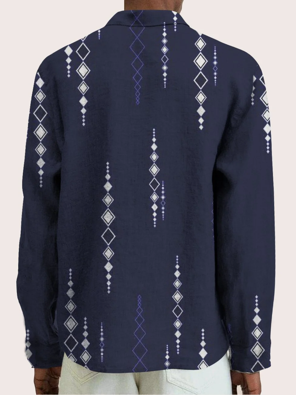 Men's Deep Blue Tribal Pattern Casual Natural Fiber Long Sleeve Plus Size Shirt