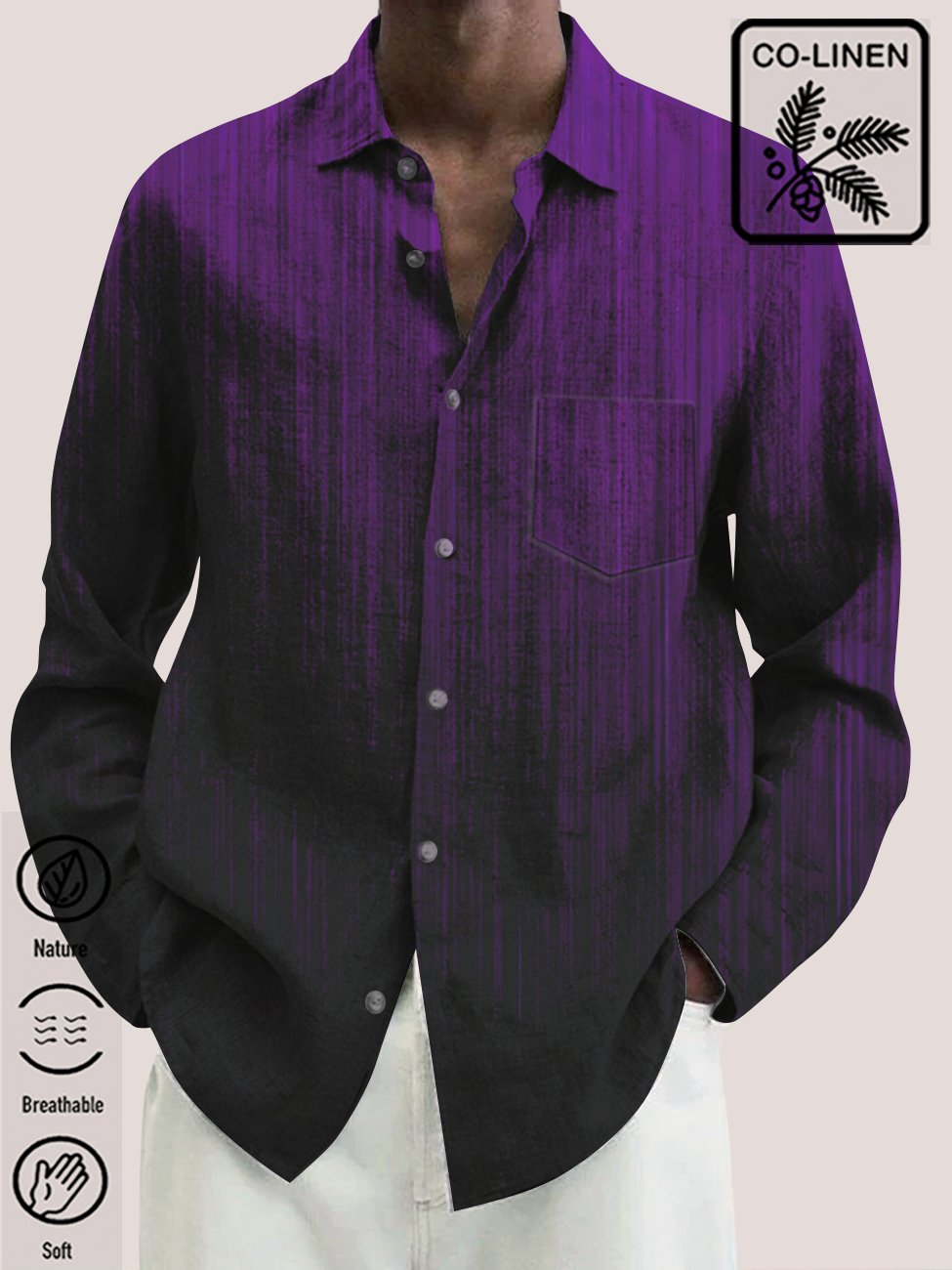 Royaura Men's Vintage Gradient Purple Lines Printing Casual Natural Fiber Long Sleeve Shirt