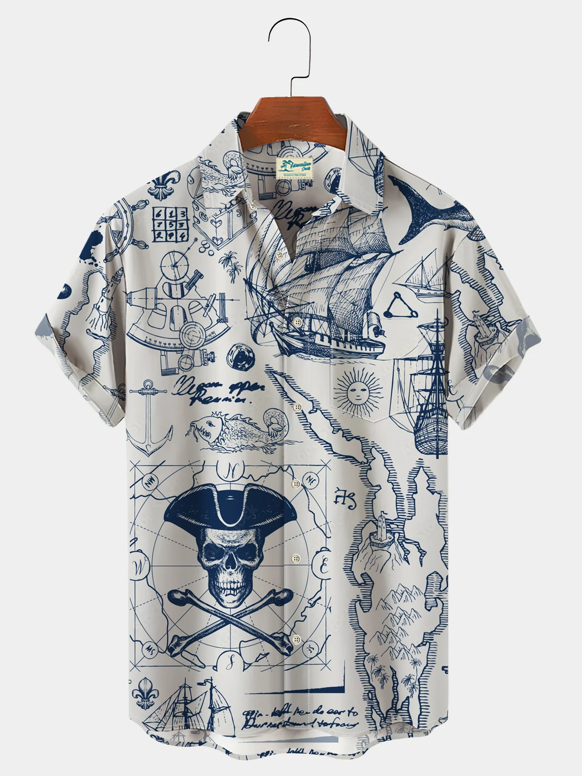 Royaura Men's 50‘s Vintage Pirate Hawaiian Shirts Nautical Map Pirate Ship Skull Seersucker Wrinkle Free Easy Care Aloha Shirts