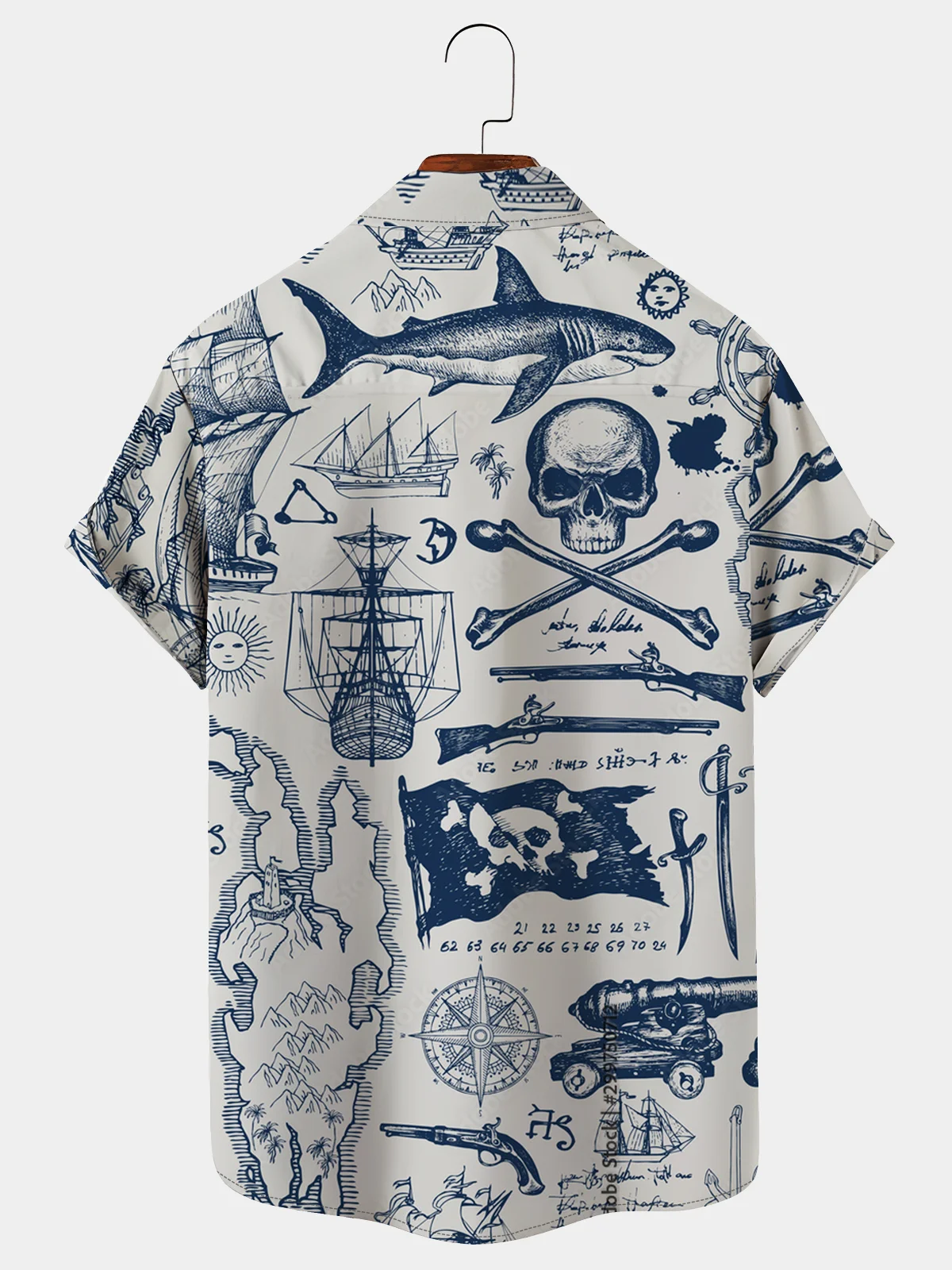 Royaura Men's 50‘s Vintage Pirate Hawaiian Shirts Nautical Map Pirate Ship Skull Seersucker Wrinkle Free Easy Care Aloha Shirts