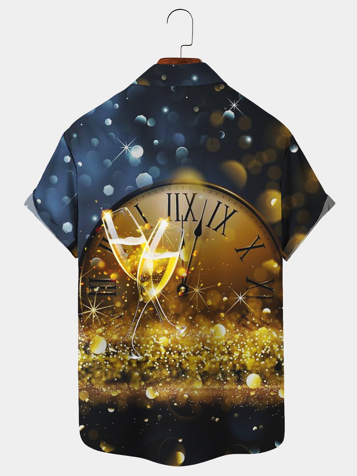 Royaura Men's Holiday Happy New Year Wine Glass Hawaiian Short Sleeve Button Up Shirt