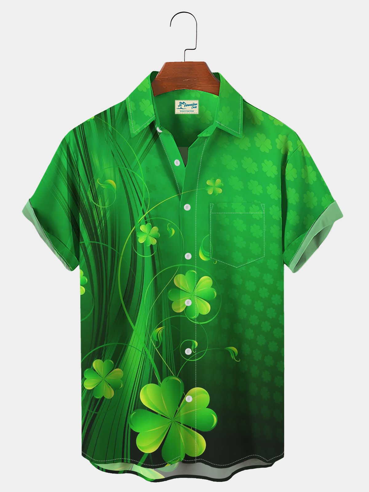 Royaura Festive Green St. Patrick's Clover Men's Hawaiian Short Sleeve Shirt