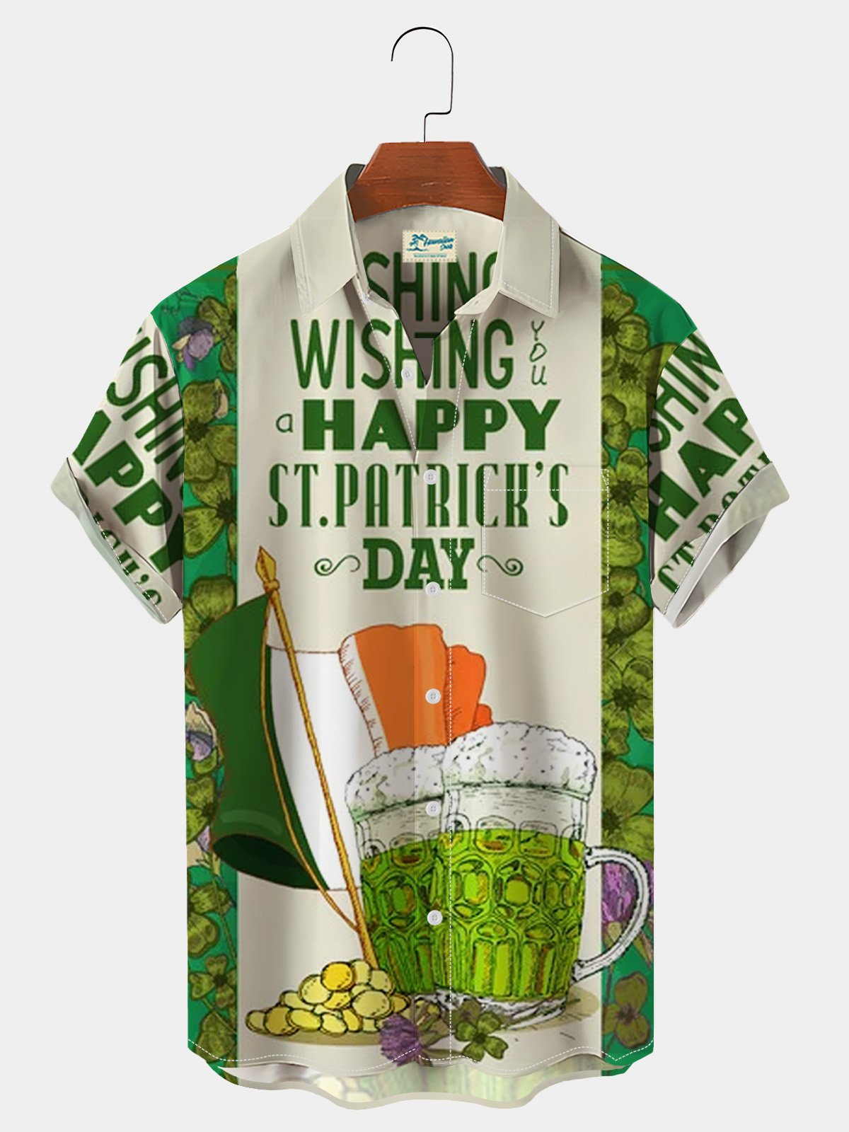 Royaura Saint Patrick Men's Shamrock Beer Hawaiian Short Sleeve Shirt