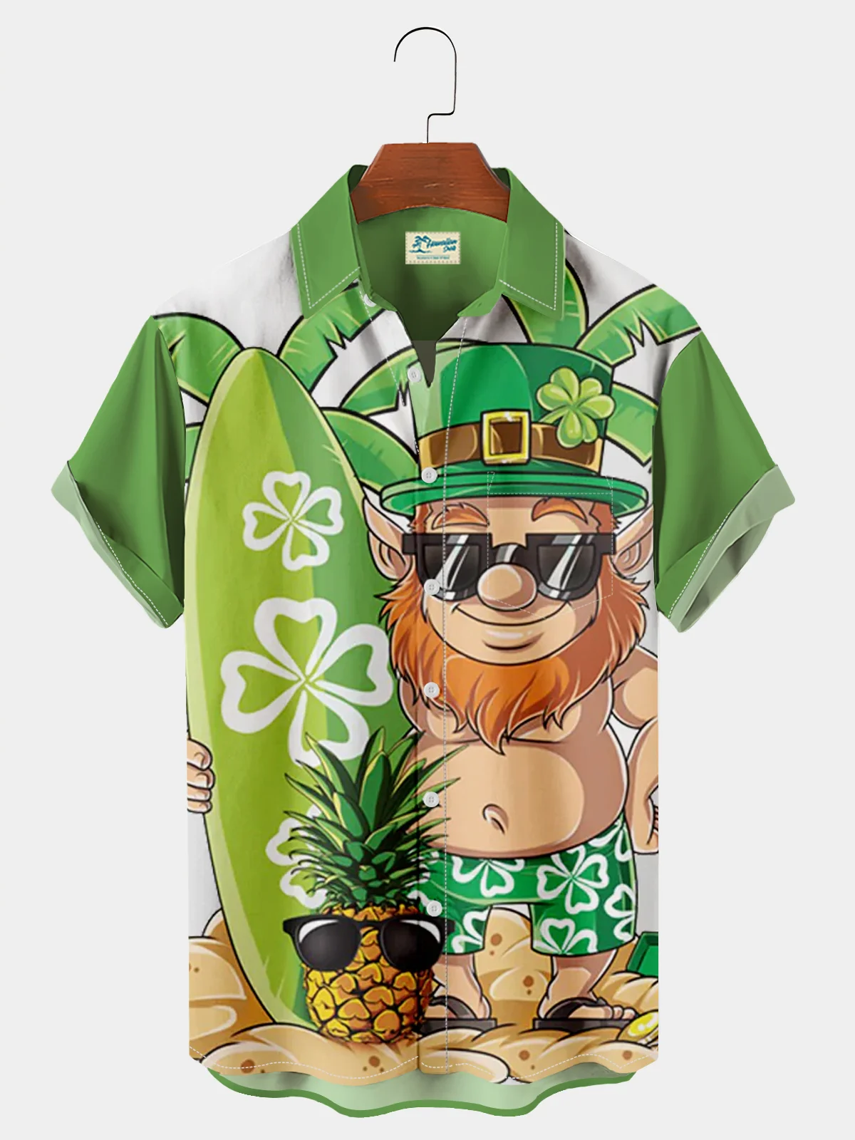 Royaura St. Patrick's Day Green Shamrock Hawaiian Men's Short Sleeve Shirt