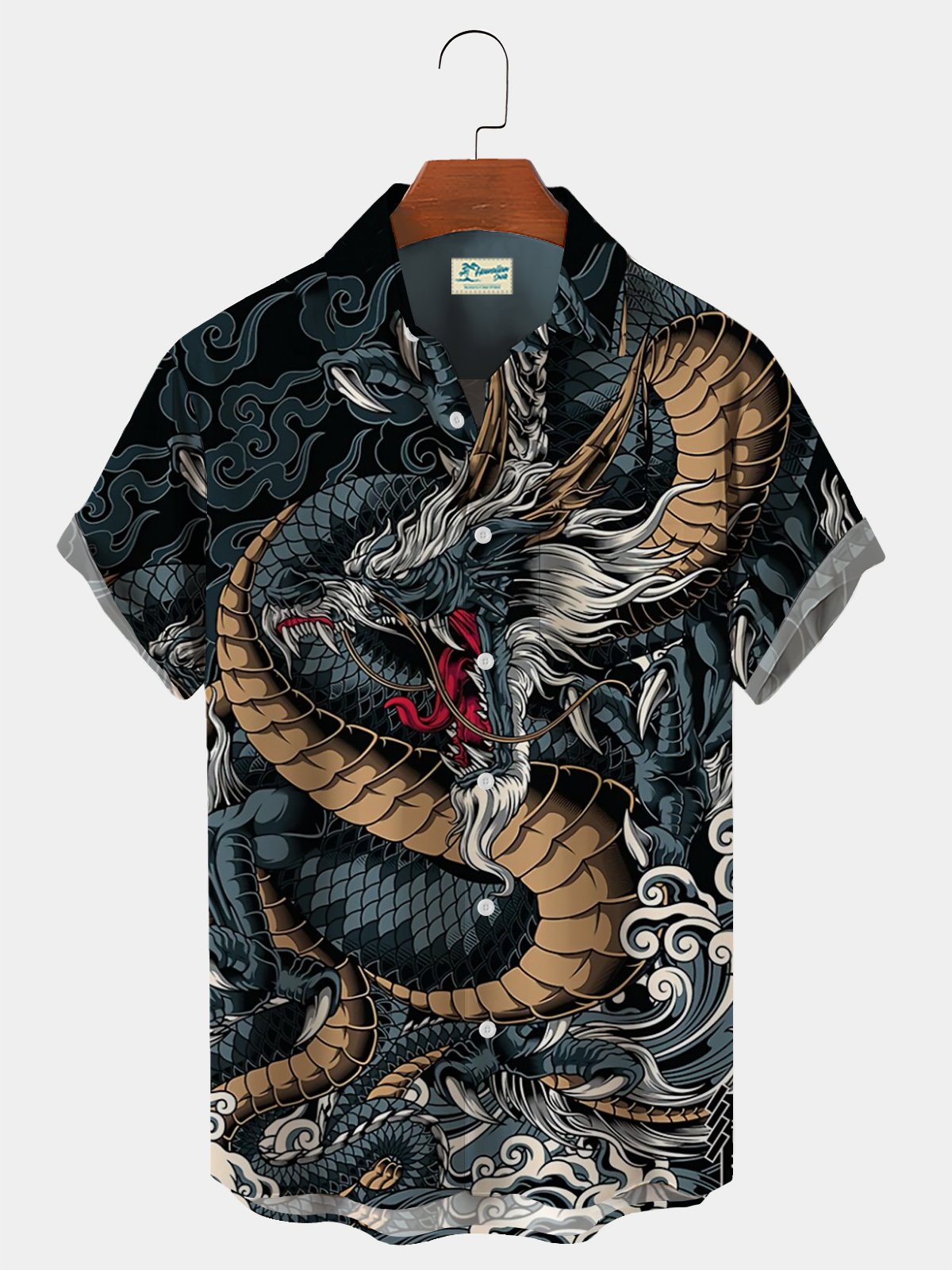 Royaura vintage Comfortable blend mechanism fabric Black casual Chinese dragon Oriental dragon oversized men's short sleeved shirt