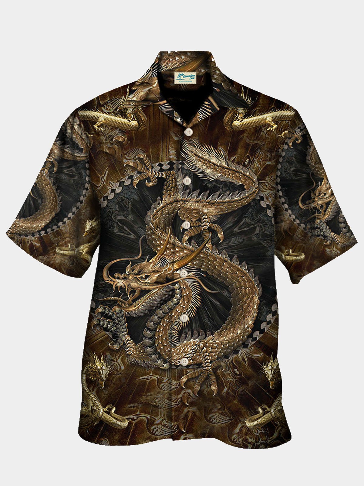 Royaura 50's Vintage Oriental Golden Dragon Hawaiian Shirt Stretch Oversized Collar Shirt