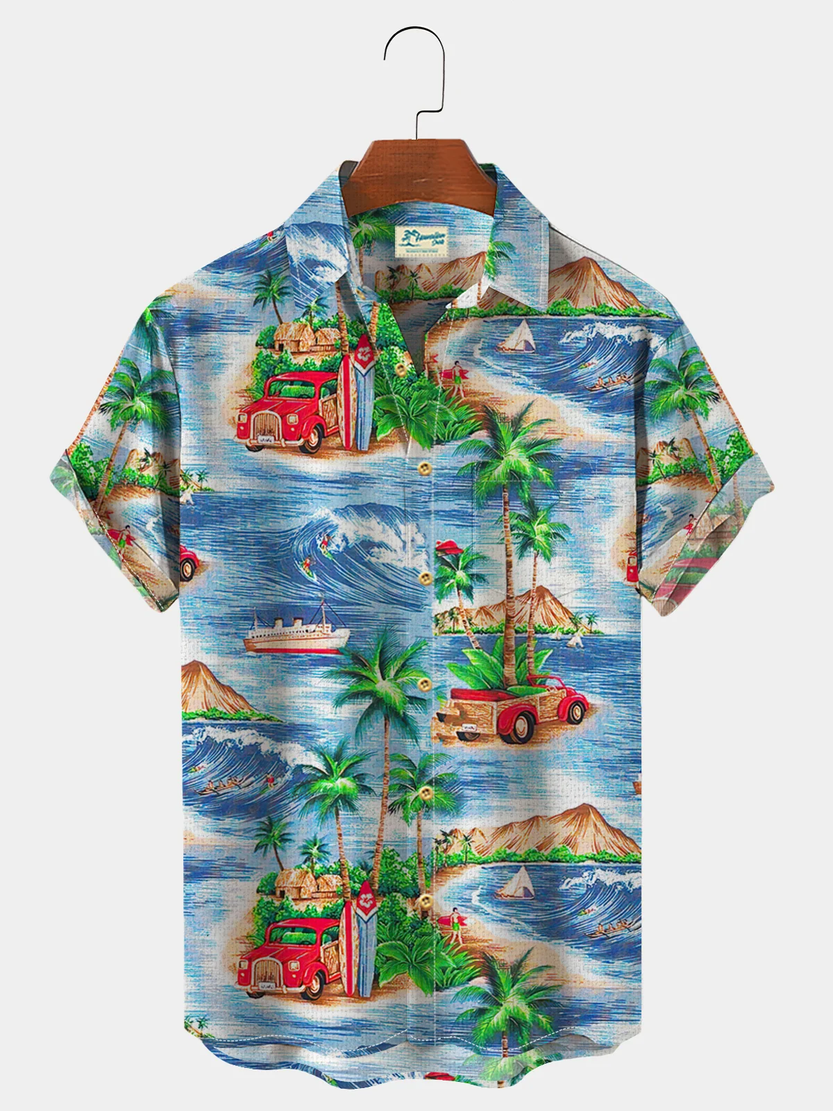 Royaura Natural Fiber Vacation Coconut Tree Beach Pattern Hawaiian Men's Short Sleeve Shirt