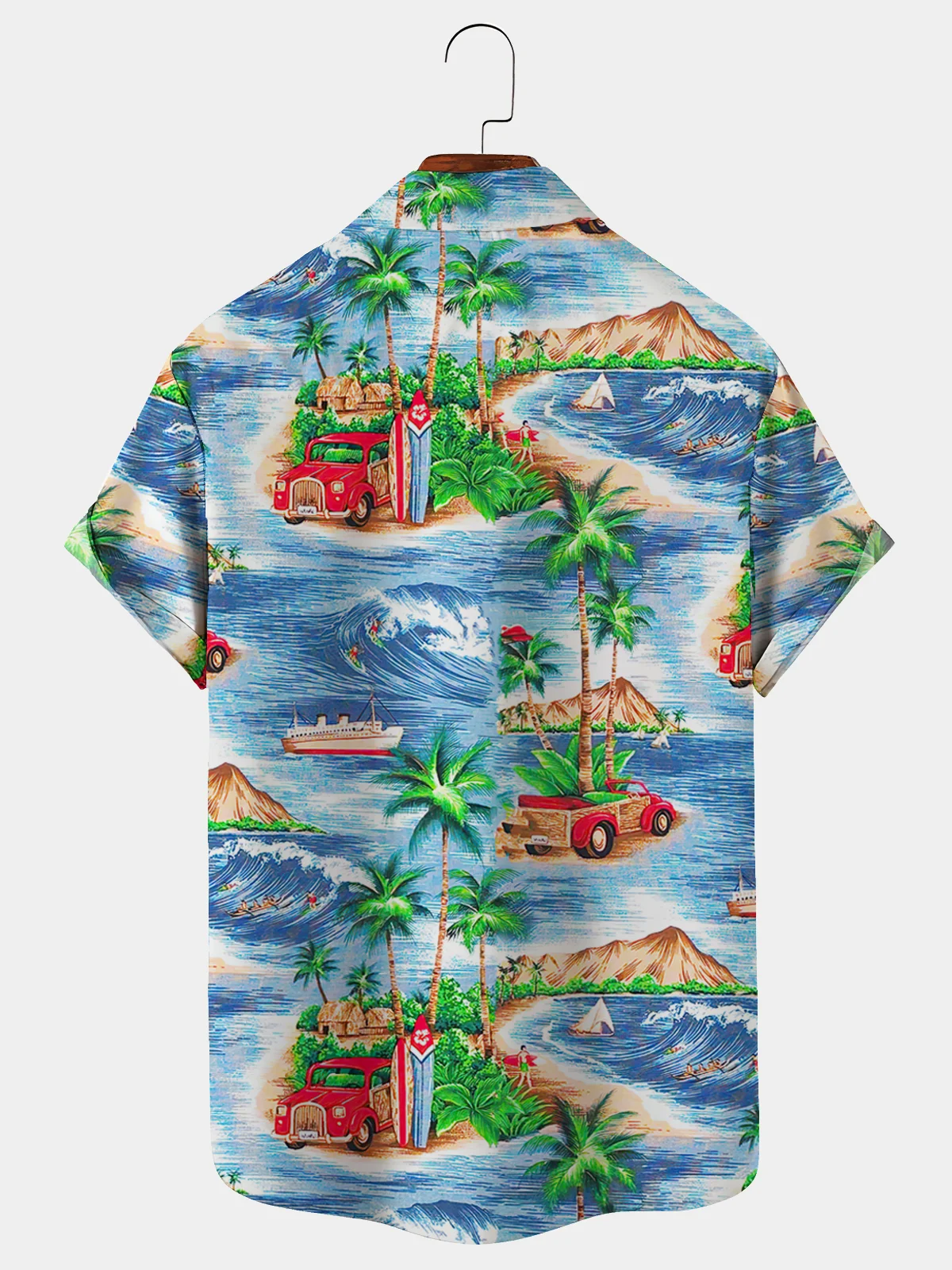 Royaura Natural Fiber Vacation Coconut Tree Beach Pattern Hawaiian Men's Short Sleeve Shirt