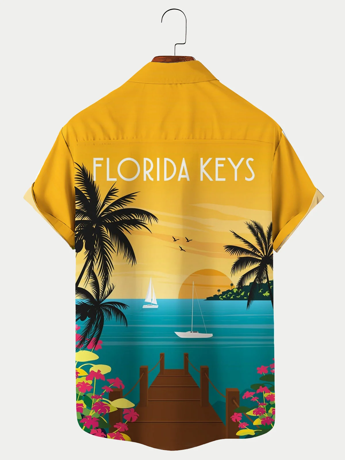 Royaura Florida Keys Travel Poster Print Men's Short Sleeve Hawaiian Shirt Comfort Plus Size Shirt