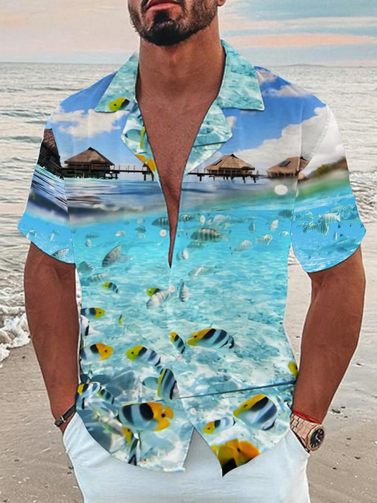 Royaura Holiday Ocean Hawaiian Shirt Tropical Fish Creature Vacation Beach Aloha Shirt