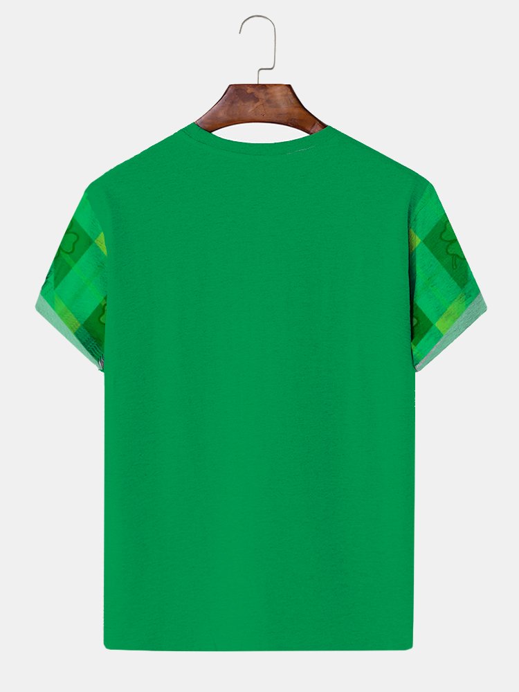 Royaura St.Patrick's Men's Short Sleeve T-Shirt Clover Plaid Art Oversized Stretch Tops
