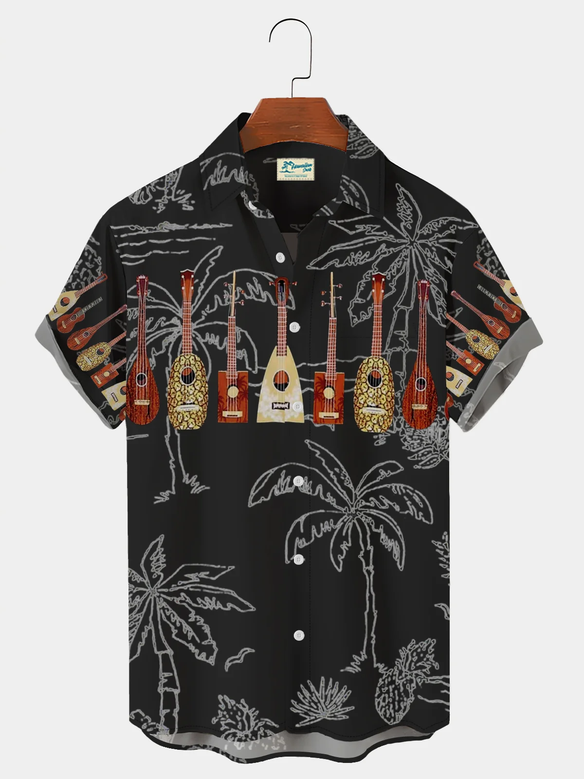 Royaura Vintage Guitar Coconut Tree Hawaiian Shirt Plus Size Vacation Shirt