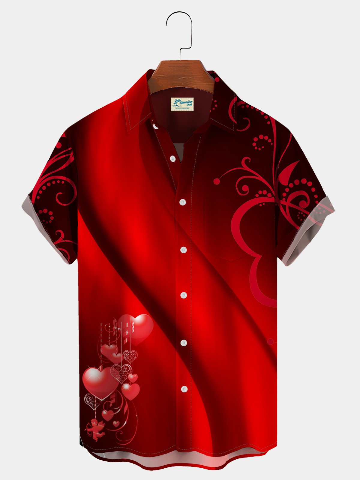 Royaura Red Valentine Heart Ombre Print Chest Pocket Shirt Oversize Holiday Shirt