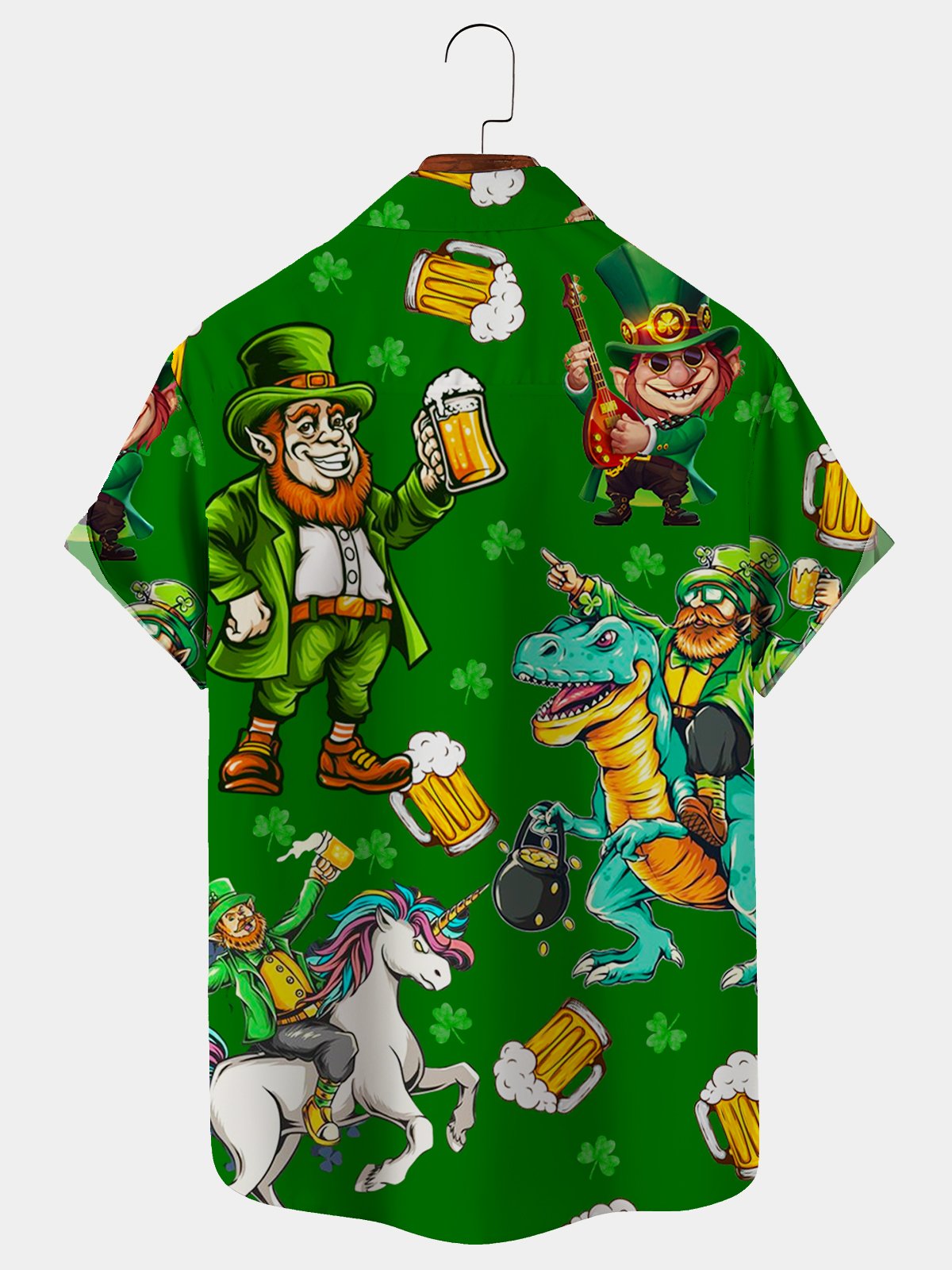 Royaura St. Patrick's Day Green Shamrock Dinosaur Fun Print Hawaiian Shirt Plus Size Vacation Shirt