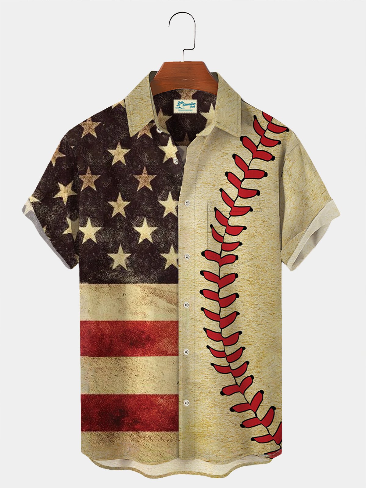 Royaura Vintage Casual Men's Baseball Holiday Hawaiian Shirts American Flag Wrinkle Resistant Seersucker Plus Size Aloha Shirts