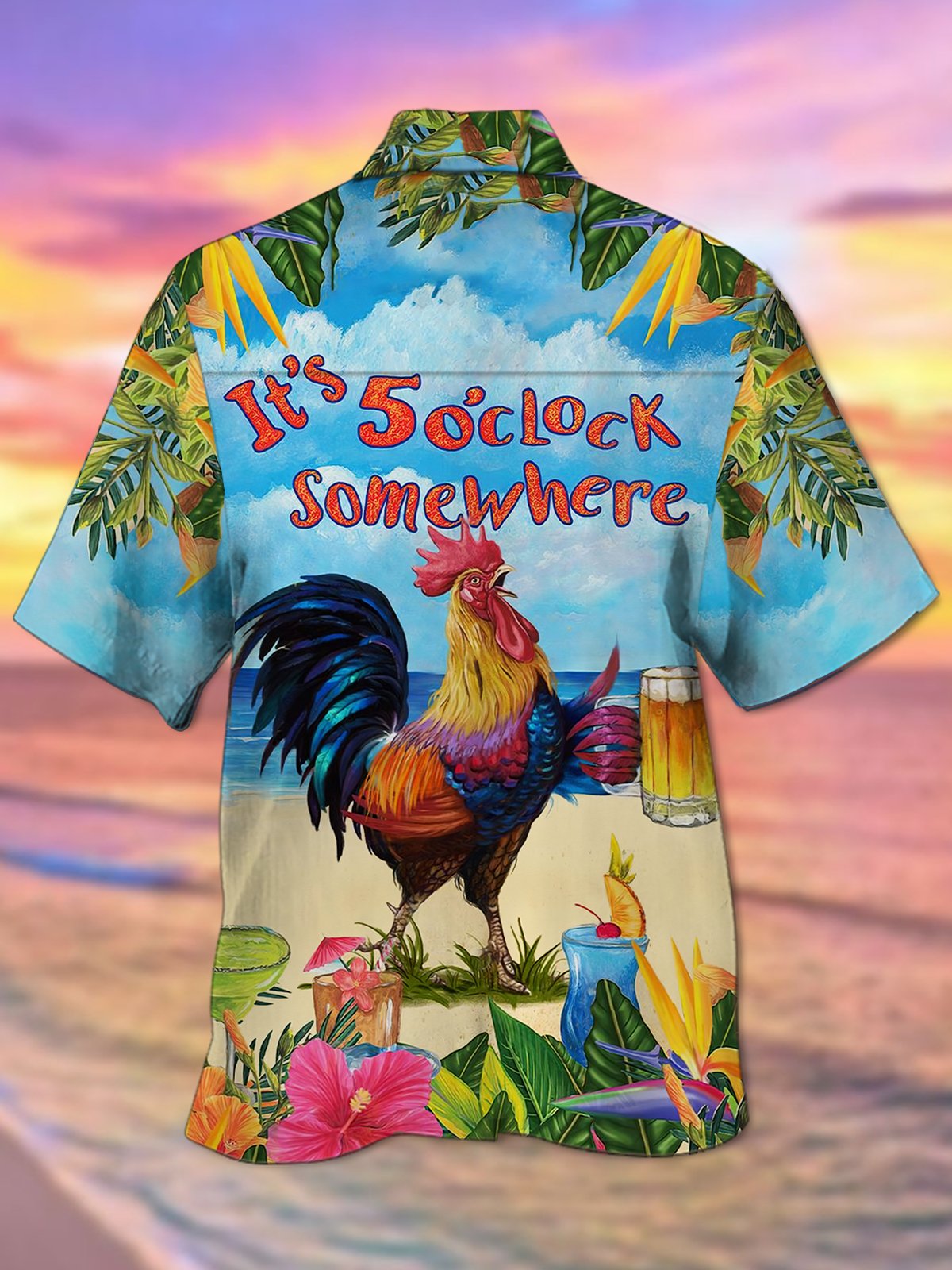 Royaura Holiday Beach Men's Hawaiian Shirts Rooster Art Cocktail Seersucker Wrinkle Free Aloha Shirts