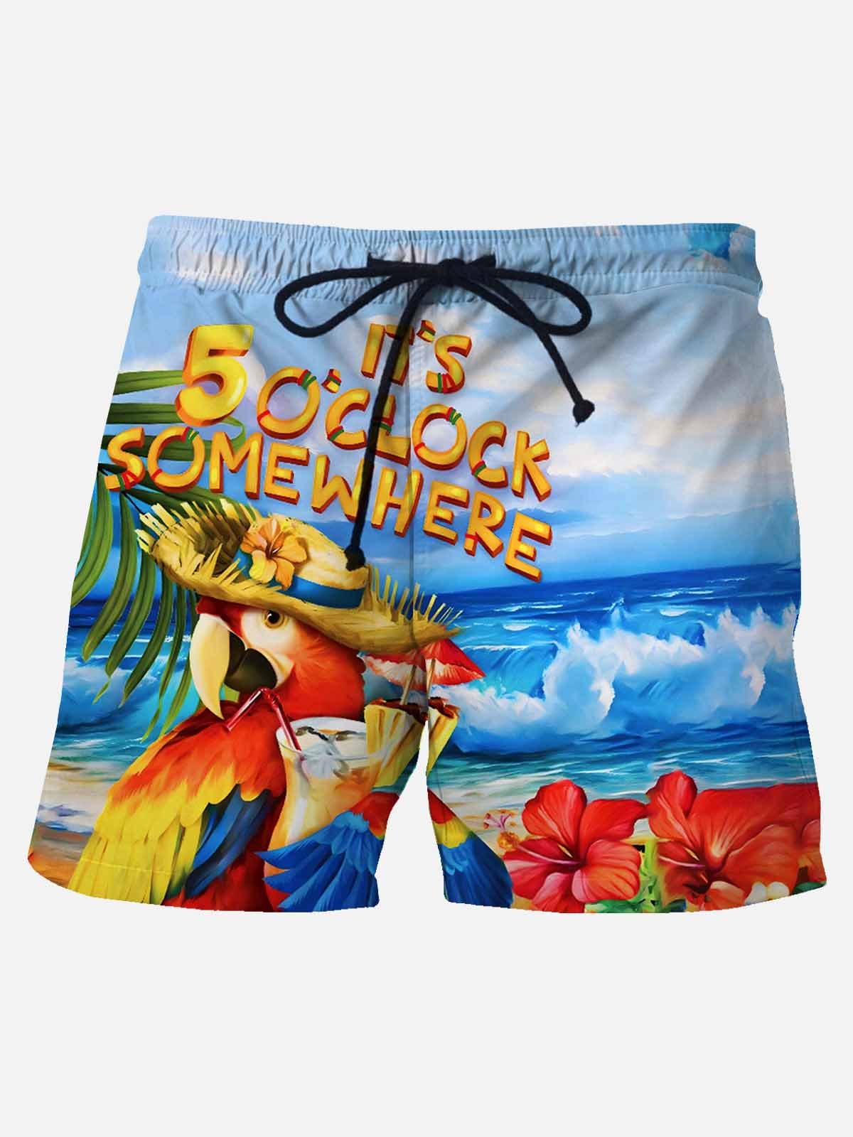 Royaura Holiday Casual Men's Hawaiian Beach Short Sleeve Pants Parrot Stretch Plus Size Shorts