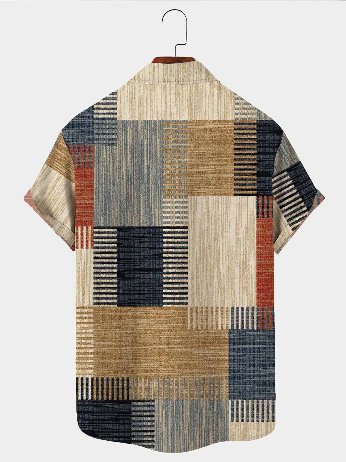 Royaura Medieval Geometric Texture Men's Hawaiian Shirt Plus Size Home Art Check Stretch Button Camp Shirts