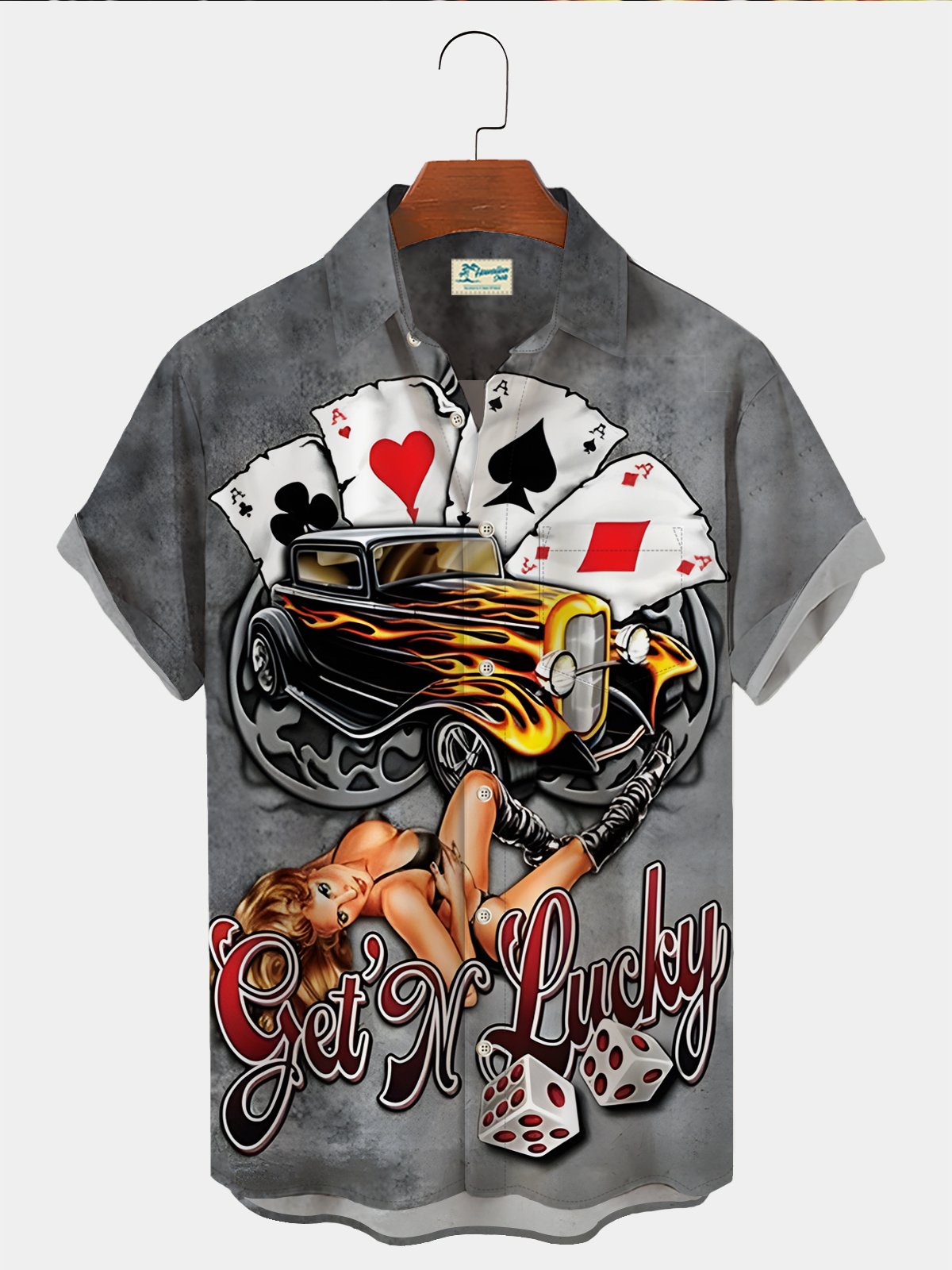 Royaura 60's Retro Flame Classic Car Men's Bowling Shirts Nostalgic Poker Beauty Large Size Elastic Hawaiian Shirts
